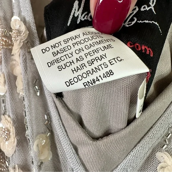 Mac Duggal size 16 Embellished Wrap Over Illusion Long Sleeve A Line Gown Gray - Picture 13 of 16